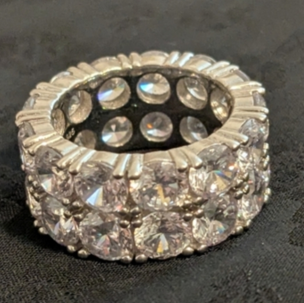 Trendy 925 Solid Sterling Silver Ring Brilliant Double Row CZ Tennis Ring Size 6 - Picture 3 of 7